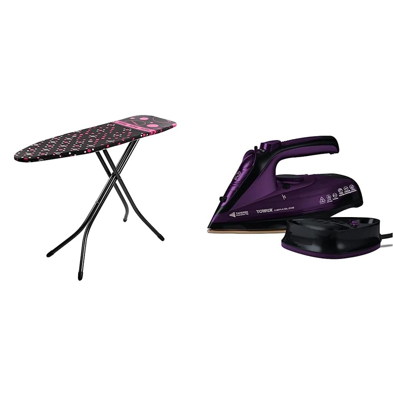 Minky Large Ironing Board with Scorch Resist Zone, HH40203107K, Black, Large Compact & Tower T22008 CeraGlide Cordless Steam Iron with Ceramic Soleplate and Variable Steam Function, Purple