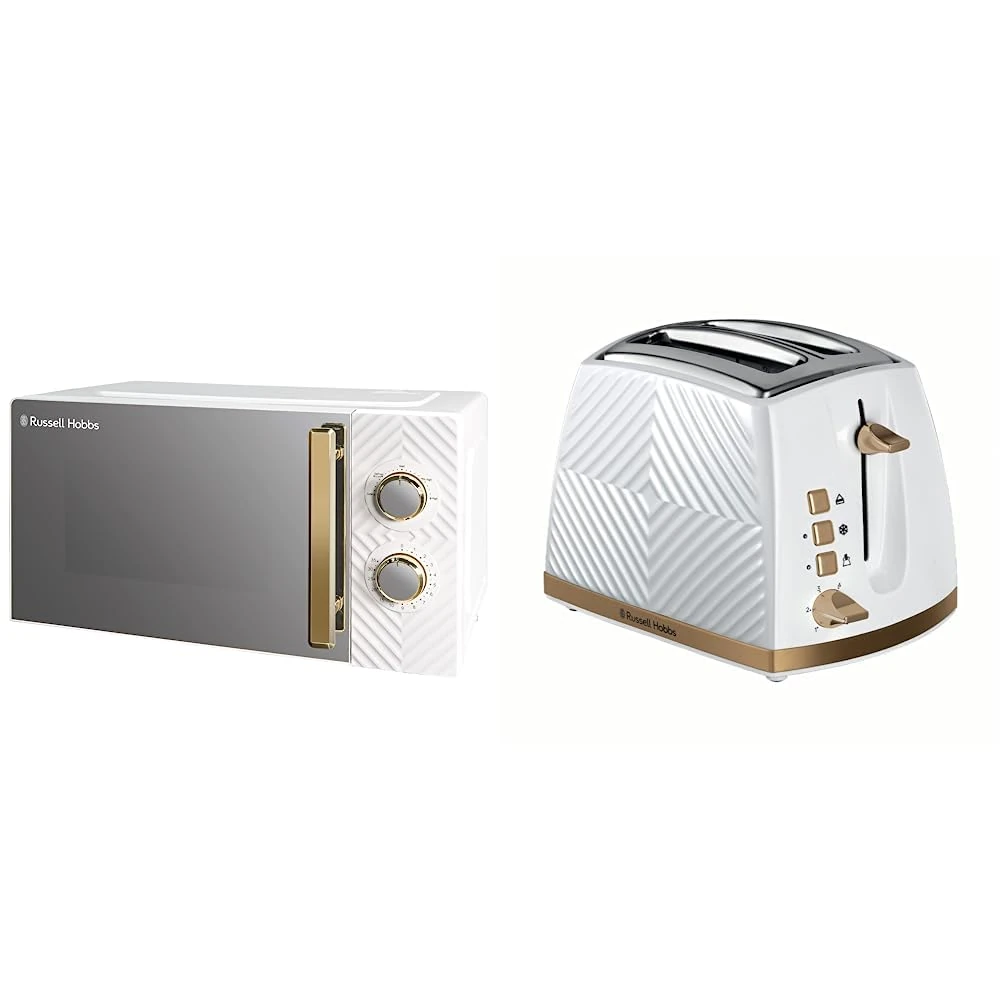 Russell Hobbs 17 Litre 700W White Solo Manual Microwave With Groove Design & 26391 Groove 2 Slice Toaster, Tactile 3D Design Bread Toaster with Frozen, Cancel and Reheat Settings, 850 Watts, White