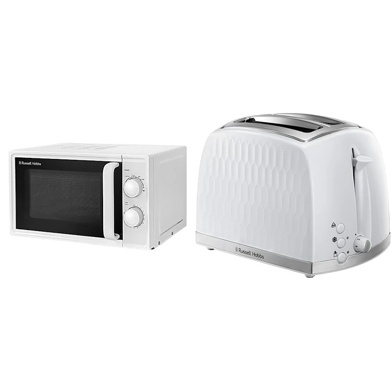Russell Hobbs Textures 17 Litre White Manual Microwave, RHM1725 & 26060 2 Slice Toaster - Contemporary Honeycomb Design with Extra Wide Slots and High Lift Feature, White