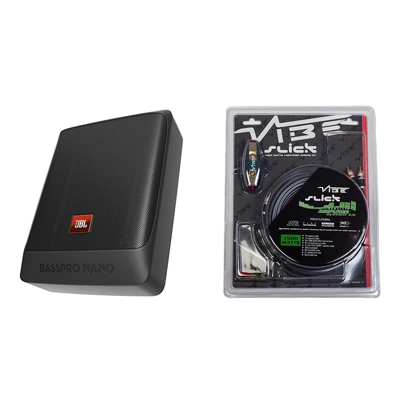 JBL BassPro Nano Ultra-Compact Active Under Seat Subwoofer - 6" x 8" - 200W Active Underseat Car Subwoofer & VIBE Audio Slick 1500W System Car Wiring Kit
