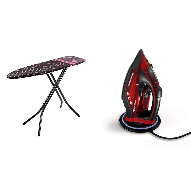 Minky Large Ironing Board with Scorch Resist Zone, HH40203107K, Black, Large Compact & Morphy Richards 303250 Cordless Steam Iron easyCHARGE 360 Cord-Free, 2400 W, Red/Black