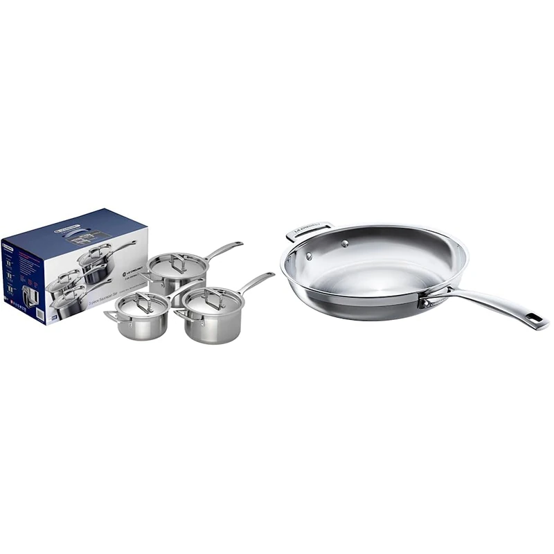 Le Creuset 3-Ply Stainless Steel Saucepan with Lid, 20 x 12.2 cm, 3 Piece, 96209000001000 & Le Creuset 3-Ply Stainless Steel Uncoated Frying Pan, 28 x 6 cm, 96200228001100