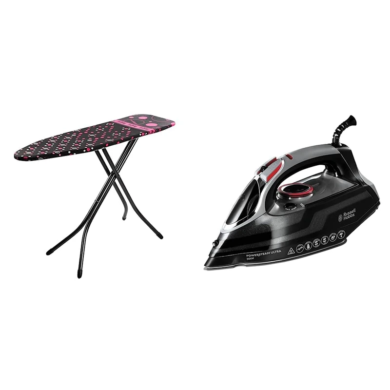 Minky Large Ironing Board with Scorch Resist Zone, HH40203107K, Black, Large Compact & Russell Hobbs Powersteam Ultra 3100 W Vertical Steam Iron 20630 - Black and Grey