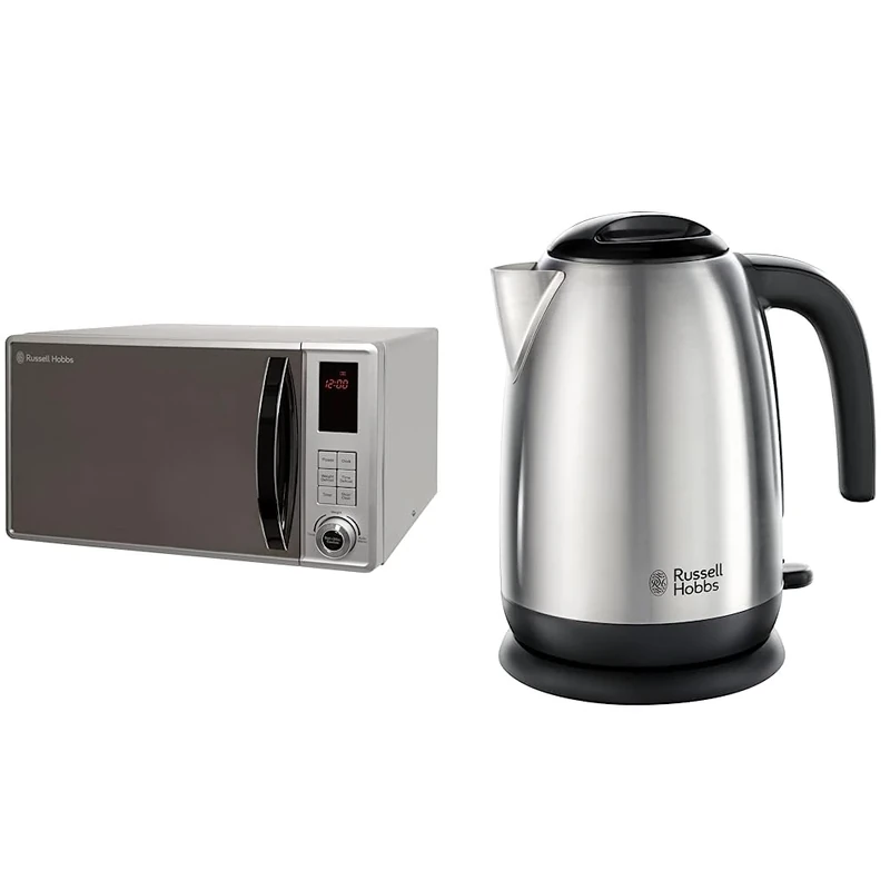 Russell Hobbs RHM2362S 23L Microwave, 800W, Auto Defrost, Silver & 23910 Adventure Brushed Stainless Steel Electric Kettle, Open Handle, 3000 W, 1.7 Litre, Brushed Steel