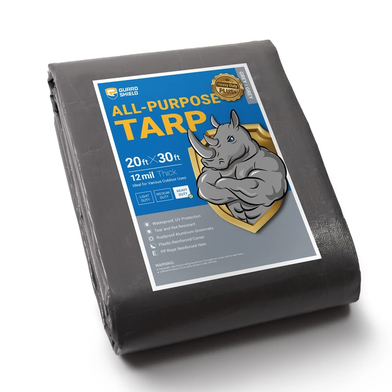 GUARD SHIELD Grey Tarps Heavy Duty Plus+ Waterproof 20x30 Feet, 12mil Large Tarp with Reinforced Grommets, Outdoor Cover for Roof, Car, Boat, Truck and Ground Pool