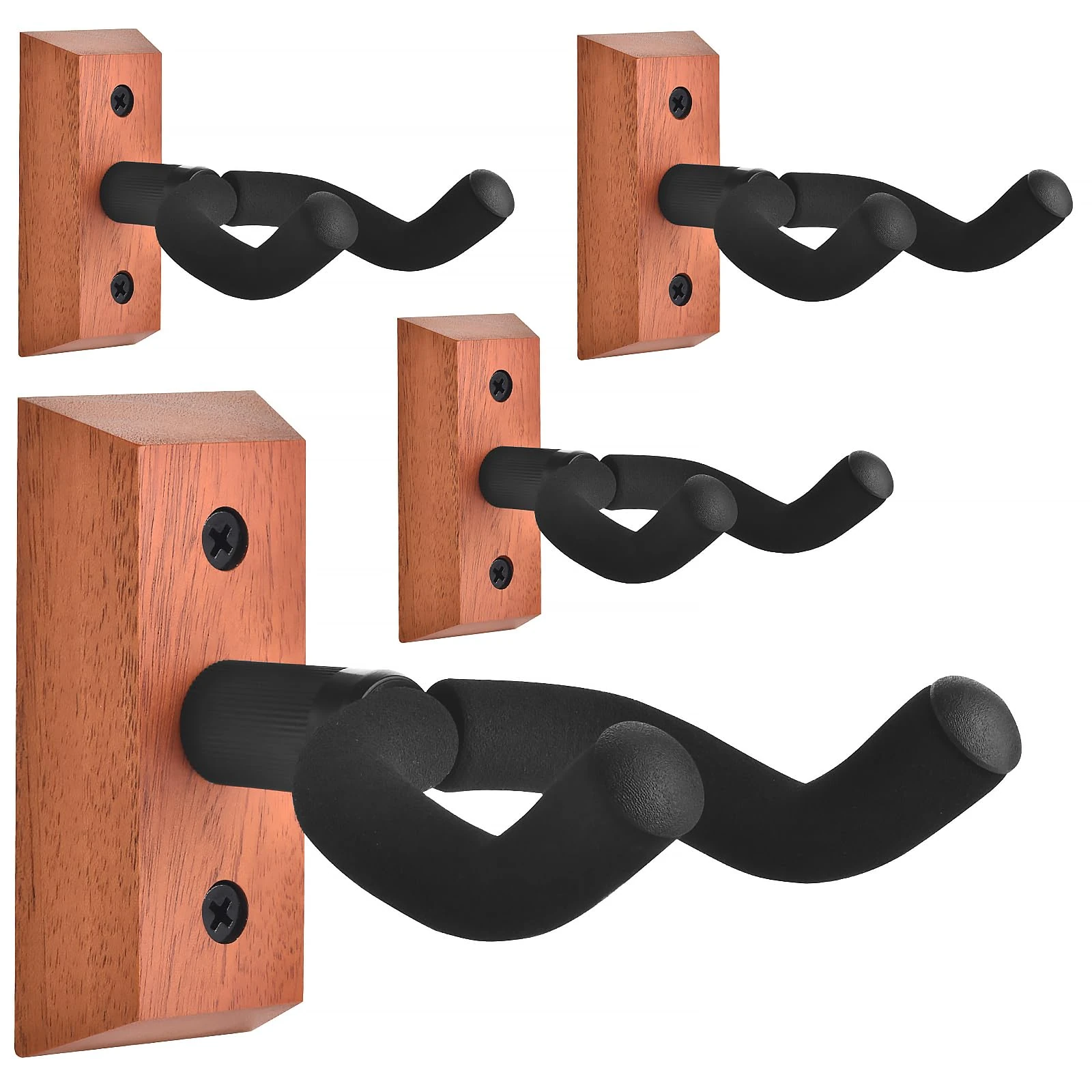 DOMMI Guitar Wall Mount 4 Pack, Guitar Hanger with Adjustable Soft Guitar Hook for All Size Guitars, Hardwood U-Shaped Guitar Wall Hangers for Acoustic, Electric Guitar, Bass, Mahogany