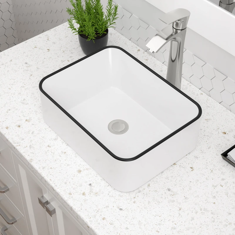 Dcolora Rectangular White Vessel Sink, 16"x12", Black Rim Ceramic Porcelain Bathroom Sink