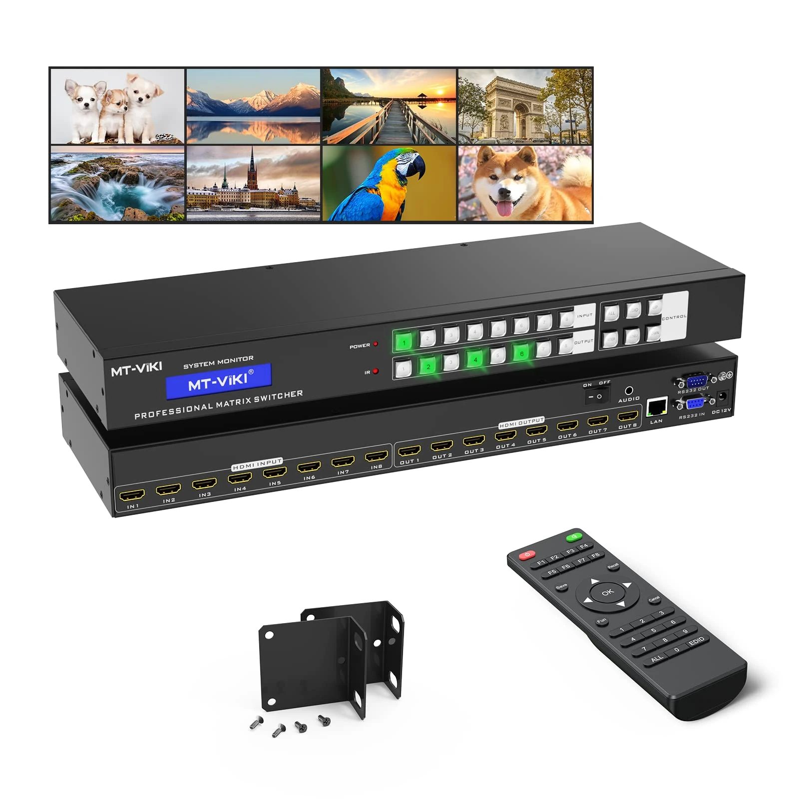 MT-VIKI 4K HDMI Matrix Switch 8X8 Support Web GUI w/IR Remote, 3.5mm Stereo Audio, Rack Mount Switcher & Splitter, 4K@30Hz, EDID, RS232, LAN Port