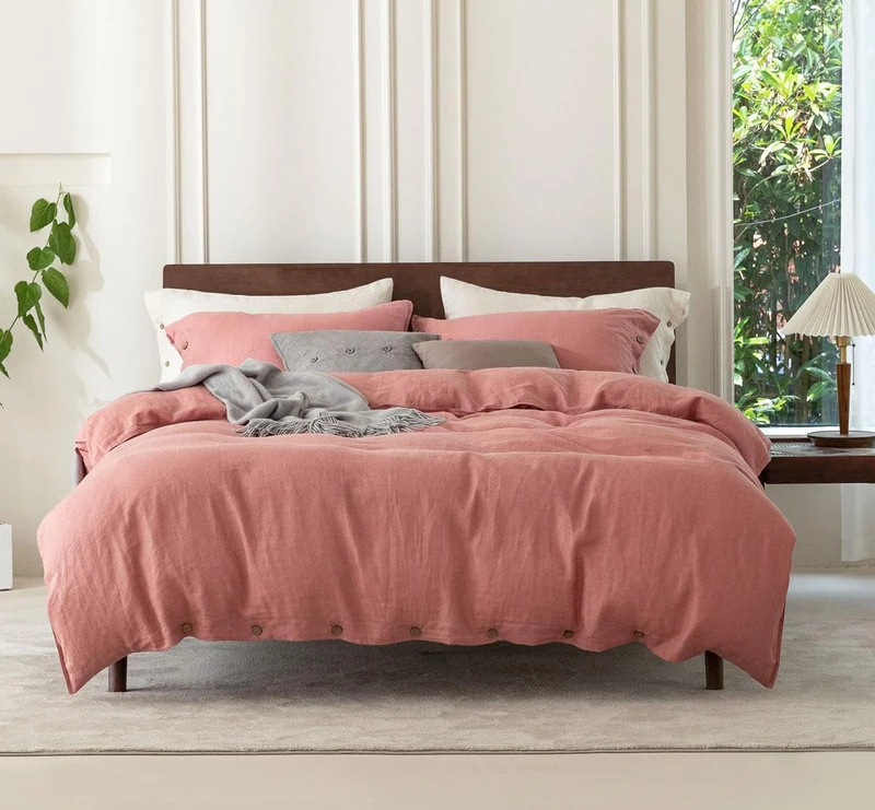 EVERLY 100% Pure Linen Duvet Cover Set King Size 104X90Inch 3pcs (1 Duvet Cover,2 Pillowcases) Soft and Breathable for All Season with Coconut Button Closure, Suitable for Hot Sleepers-Pink-King