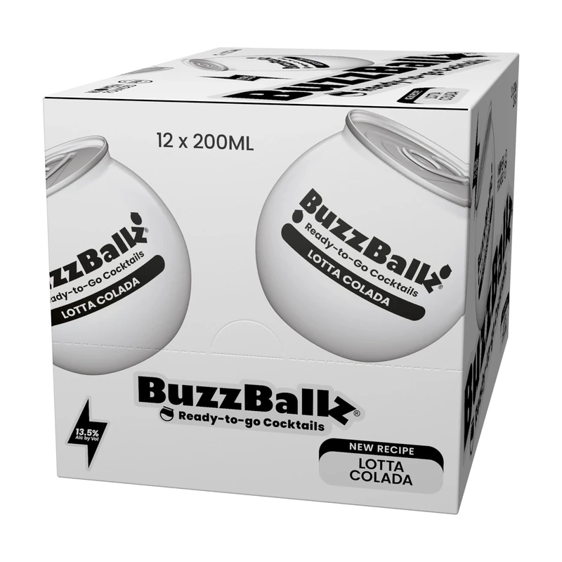 BuzzBallz Lotta Colada, Ready to Drink Piña Colada, 13.5% ABV, 12x200ml, Pre Mixed Cocktail Made from Rum, Pineapple and Coconut Juice, Sweet and Tropical Notes, with Natural Flavours, Gift Idea
