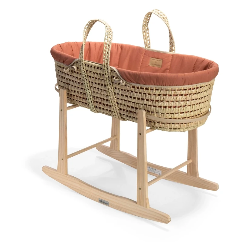 Clair de Lune Organic Palm Moses Basket with Natural Rocking Stand, Award Winning Baby Bassinet 75 x 28 cm (Rust Orange)