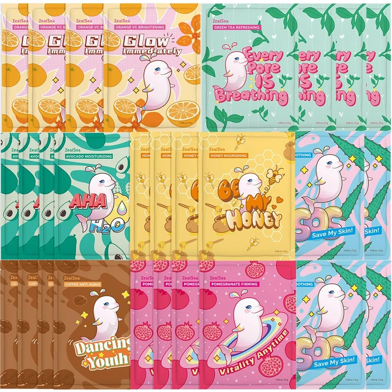 ZealSea Sheet Mask Face Mask Skin Care (Pack of 28) Beauty Facial Mask Kids Spa Face Mask Birthday Party Gifts Women, kids Girls Skincare - Hydrate, Brighten, Moisturize,Soothe for All Skin Types