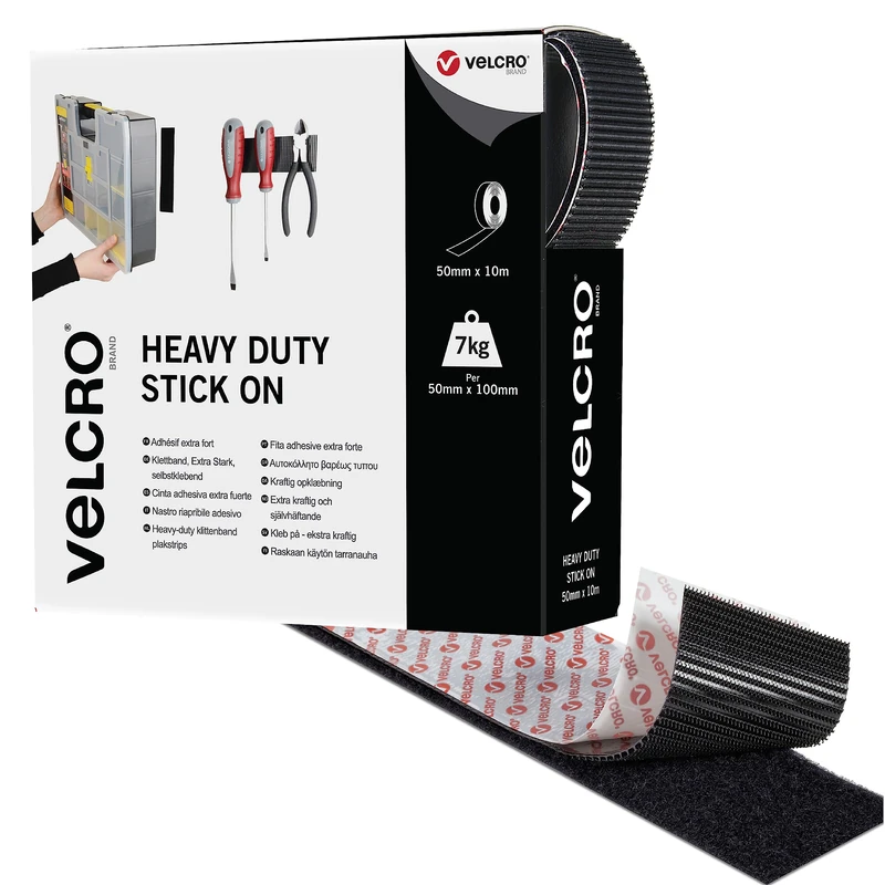 VELCRO Brand - Heavy Duty Stick On Tape - Cut-to-Length Industrial Extra Strong Double Sided Hook & Loop Self Adhesive Tape - Perfect for Room Décor & Home, Office, Garage Use - Black - 10m x 50mm - Image 1