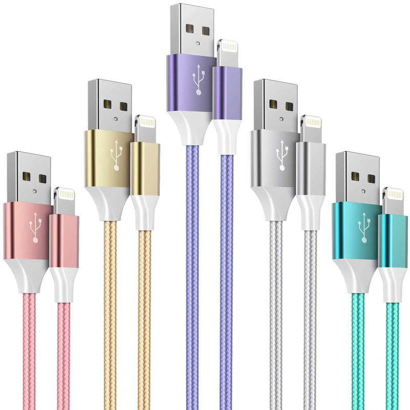 HKYUSHINE iPhone Charger Cable, 5Pack [3/3/6/6/10FT] Apple MFi Certified Cable Braided Lightning Fast Charging for 14 13 12 11 Xs Max XR X 8 7 6s Plus, iPad, iPod, Pink, Gold, Green, Purple, White