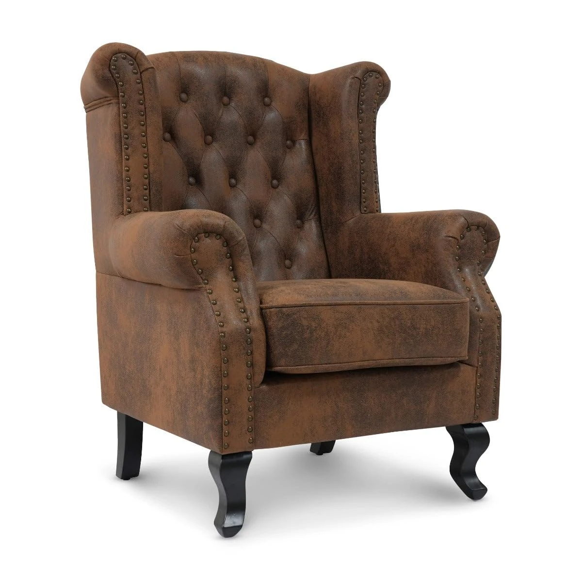 Brown Chesterfield Wingback Arm Chair in Faux Suede – Classic Queen Anne Design Fireside Chair for Living Room or Elderly Comfort, Stylish Wingback Armchair, Brown Leather Look Accent Seat