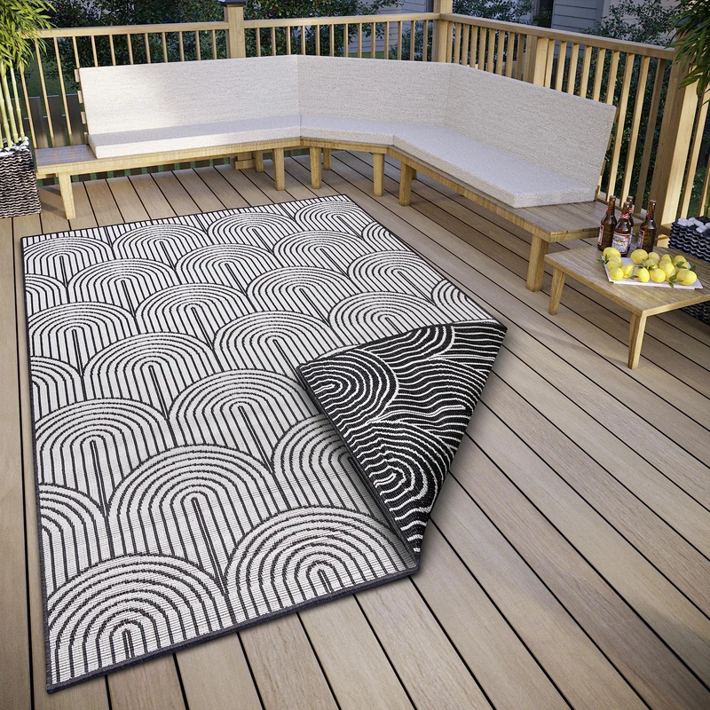HANSE Home Pangli Outdoor Rug Weatherproof - Reversible Rug Scandinavian Boho Style Waterproof Plain Geometric 3D Effect for Garden, Balcony, Patio, Living Room - Black, 120 x 170 cm