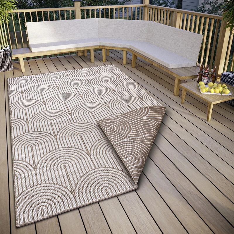 HANSE Home Pangli Outdoor Rug Weatherproof - Reversible Rug Scandinavian Boho Style Waterproof Plain Geometric 3D Effect for Garden, Balcony, Patio, Living Room - Linen, 120 x 170 cm
