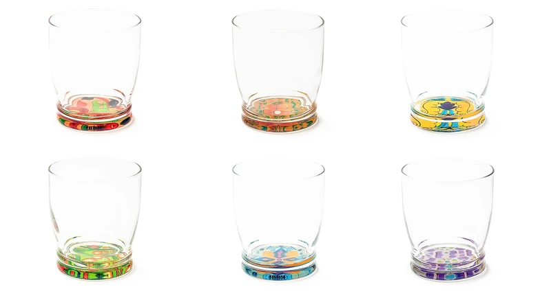 Excelsa Lisbon Set of 6 Glasses with Decorated Background, Ml. 340, Diameter 8 Cm., Glass