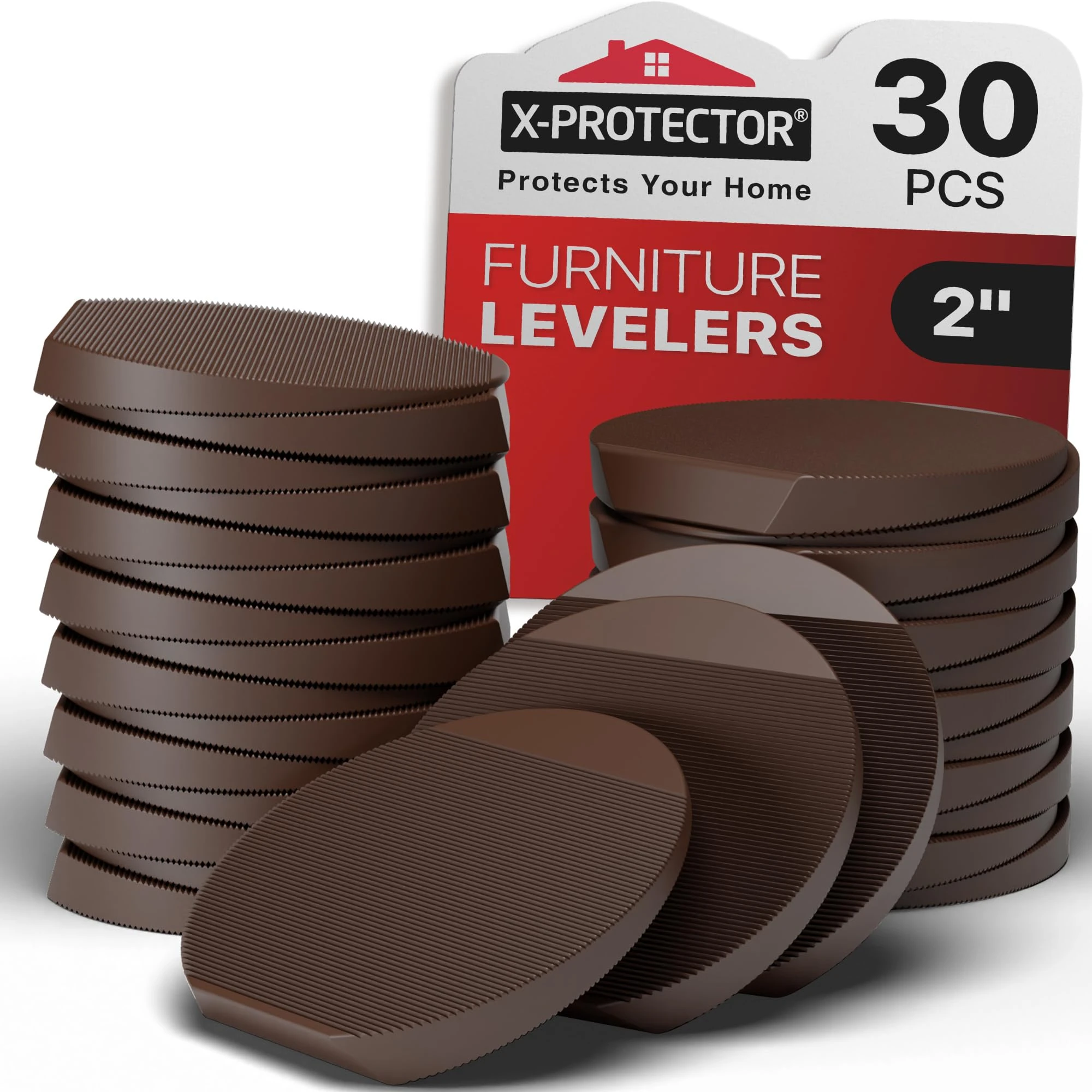 X-Protector Furniture Levelers - 30 PCS 2" Brown Rubber Shims for Leveling - Multi-Purpose Feet to Prevent Wobbling - Good for All Kinds of Furniture!
