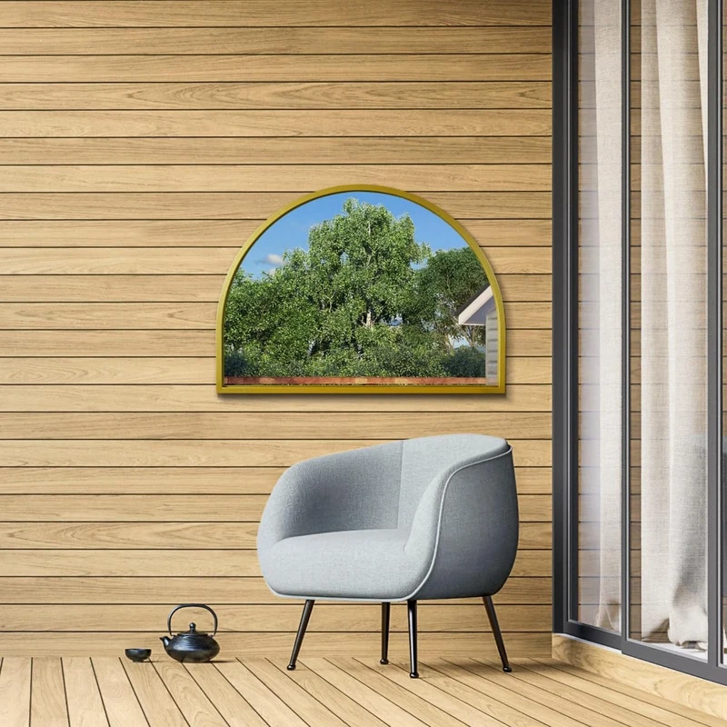 MirrorOutlet The Arcus - Gold Metal Framed Modern Arched Garden Wall Mirror 49" X 35" (125CM X 90CM) Black. 2cm Wide Frame and 3cm Deep.