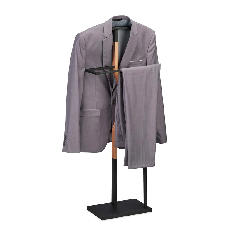 Relaxdays Valet Stand, Suit Holder, Clother Butler, Jacket & Trouser Hanger, 107x48x20 cm, Metal & MDF, Black/Natural, Steel, 107 x 48 x 20 cm