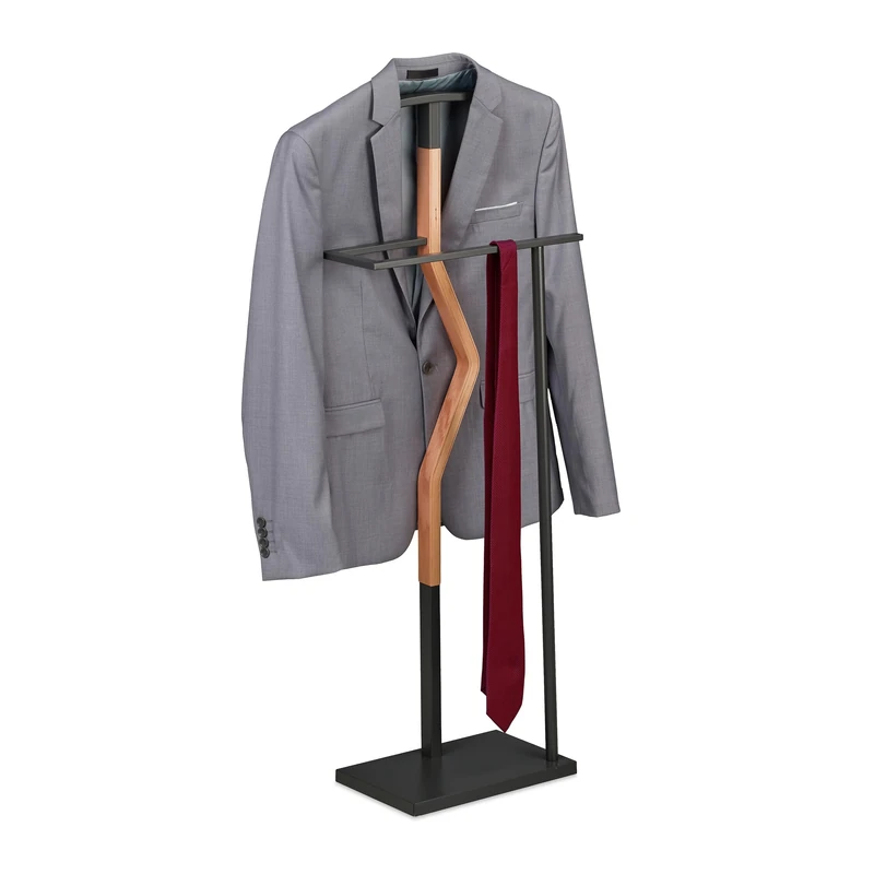 Relaxdays Valet Stand, Suit Holder, Clother Butler, Jacket & Trouser Hanger, 107x48x20 cm, Metal & MDF, Grey/Natural, Steel, 107 x 48 x 20 cm