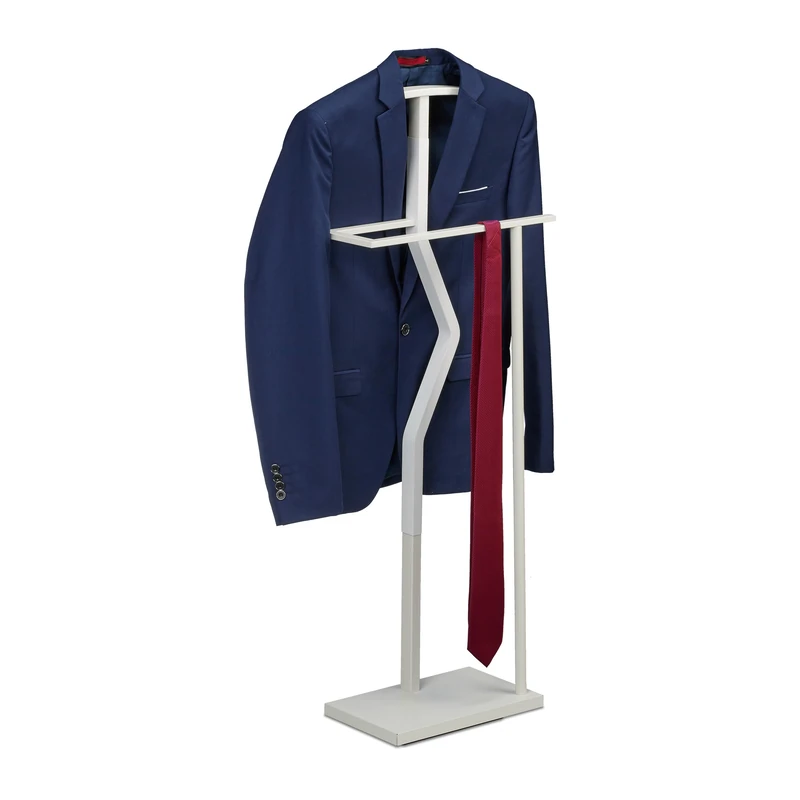 Relaxdays Valet Stand, Suit Holder, Clother Butler, Jacket & Trouser Hanger, 107x48x20 cm, Metal & Wood Effect, White, Steel, 107 x 48 x 20 cm