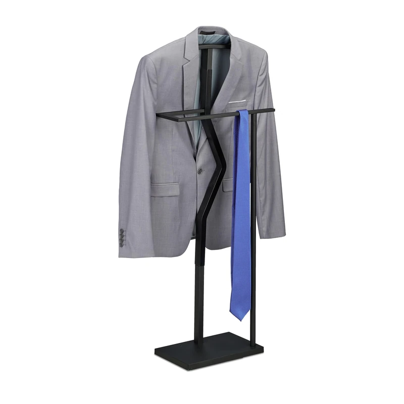Relaxdays Valet Stand, Suit Holder, Clother Butler, Jacket & Trouser Hanger, 107x48x20 cm, Metal & Wood Effect, Black, Steel, 107 x 48 x 20 cm