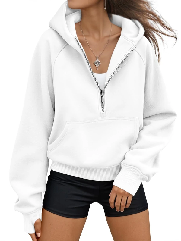 AUTOMET Womens Half Zip Sweatshirts Cropped Hoodies Fleece Quarter Zip Up Pullover Sweaters Fall Outfits Winter Clothes 2023, White, M - Image 1