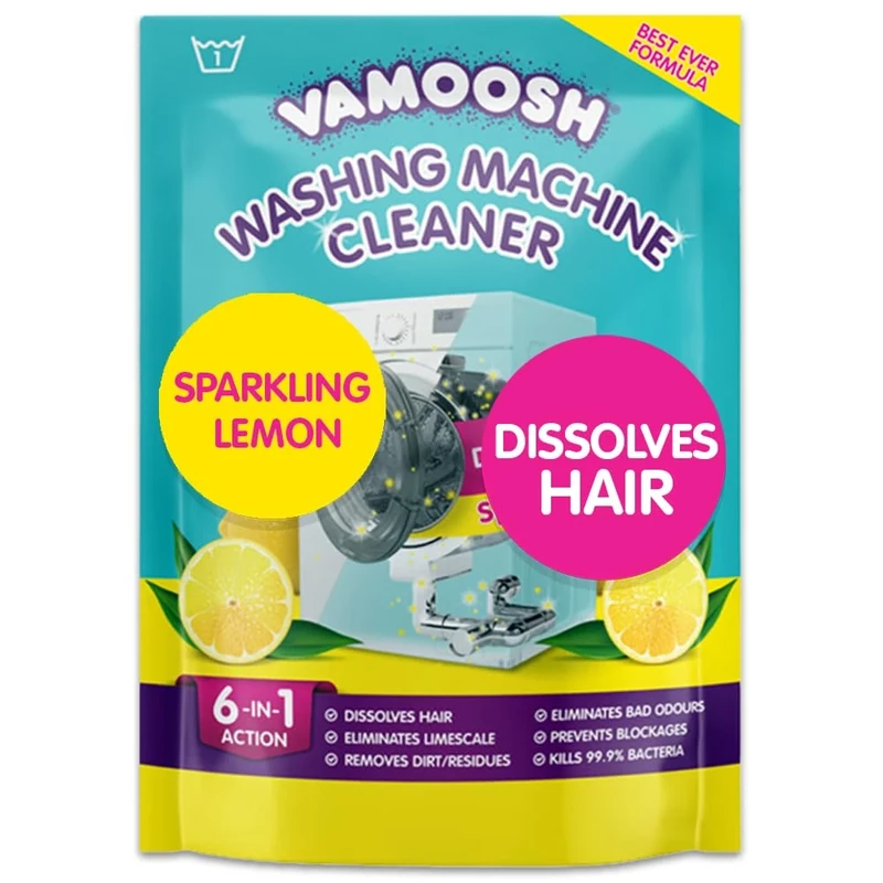 Vamoosh 6-in-1 Washing Machine Cleaner, Dissolves Hair, Eliminates Bad Odours, Removes Limescale, Deep Clean, Leaves Smelling Fresh, Antibacterial, Descales (Lemon, Single Pack)