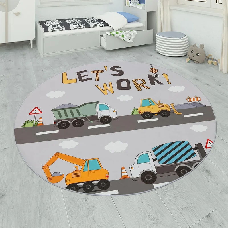 Paco Home Kids Rug, Play Mat Playroom Rug, Animals Roads Cars Maps Treasure Hunt Pirates, Size:Ø 200 cm round, Colour:Grey 2