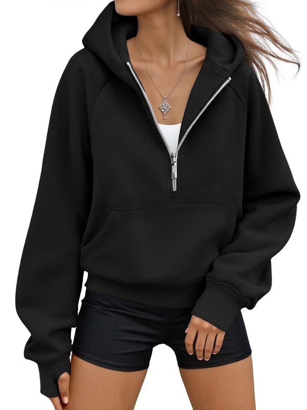 AUTOMET Half Zip Sweatshirts Cropped Hoodies Fleece Womens Quarter Zip Up Pullover Sweaters Fall Outfits 2023 Winter Clothes, Black, XL