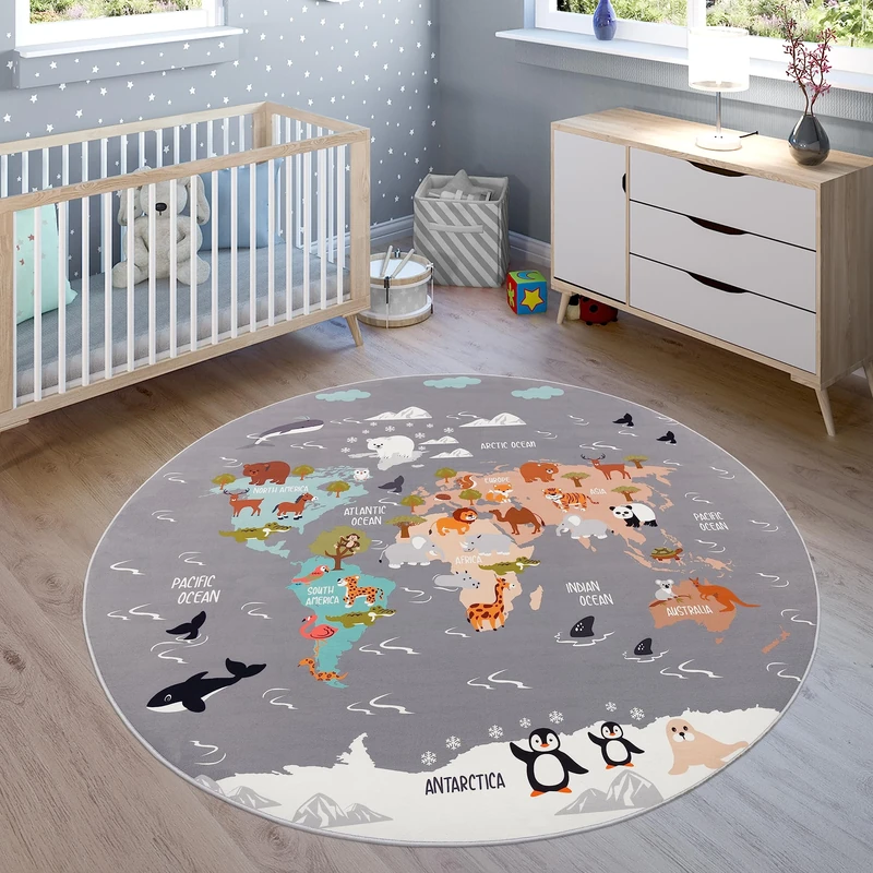 Paco Home Kids Rug, Play Mat Playroom Rug, Animals Roads Cars Maps Treasure Hunt Pirates, Size:Ø 200 cm round, Colour:Grey 3