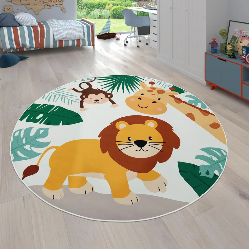 Paco Home Kids Rug, Play Mat Playroom Rug, Animals Roads Cars Maps Treasure Hunt Pirates, Size:Ø 200 cm round, Colour:Beige 3