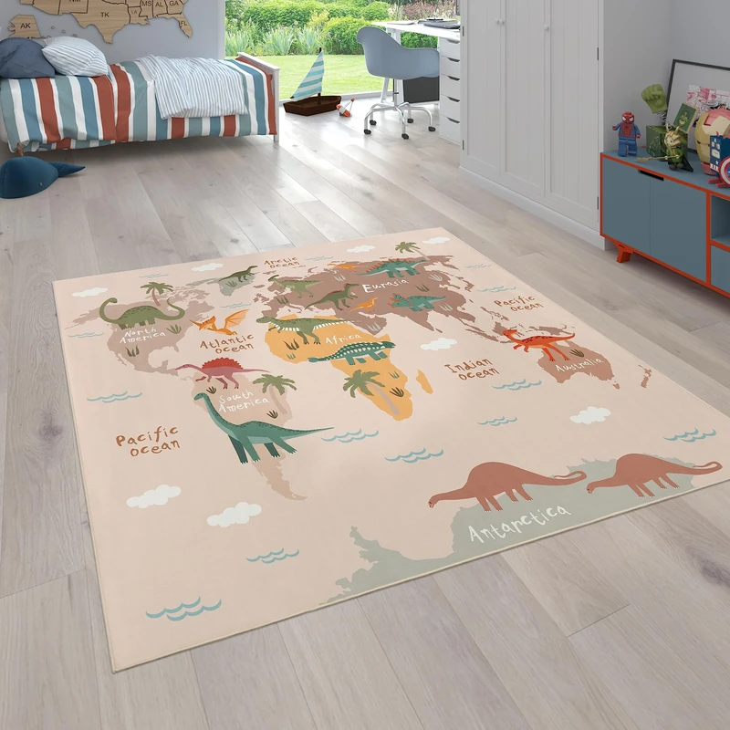 Paco Home Kids Rug, Play Mat Playroom Rug, Animals Roads Cars Maps Treasure Hunt Pirates, Size:200x200 cm square, Colour:Beige 2