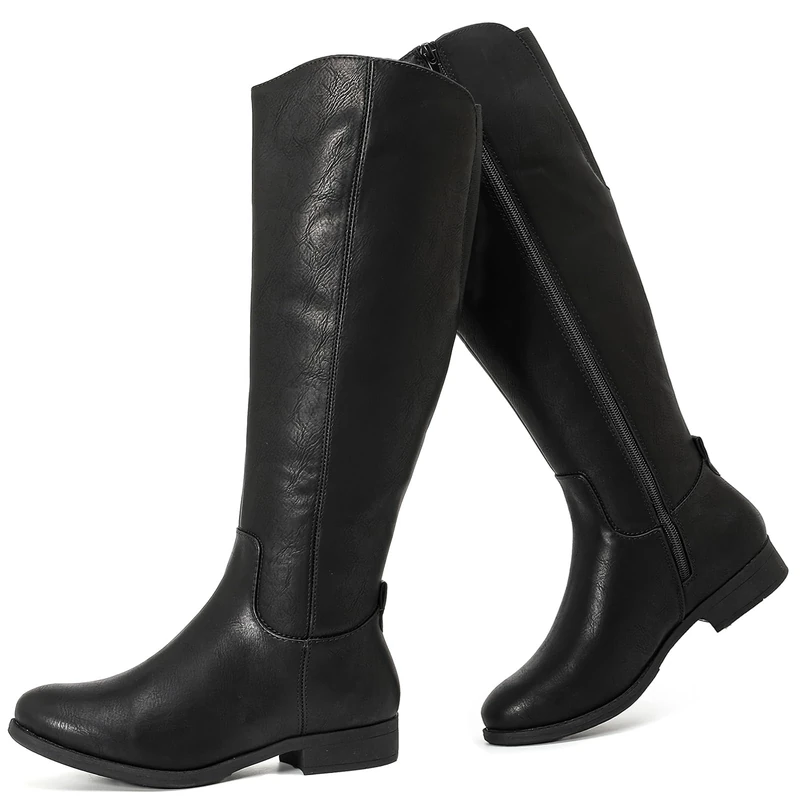 Ruiee Knee High Boots for Women Comfort Stylish Casual Round Toe Tall Riding Combat Boot Classic Fashion Fall Winter Knee-High Flat Boots.1873909 Black PU UKsize4