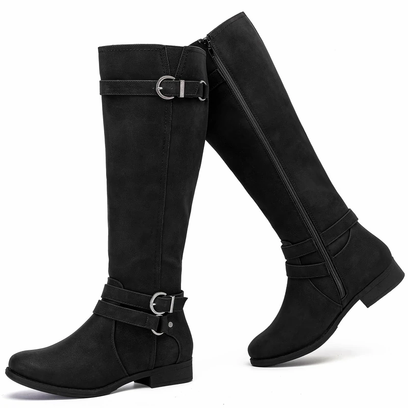 Ruiee Knee High Boots for Women Classic Comfort Riding Combat Boot Round Toe Side Zipper Long Tall Fall Winter Womens Boots.230305 Black PU UKsize7