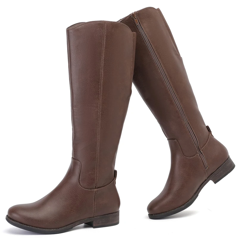 Ruiee Knee High Boots for Women Classic Comfort Riding Combat Boot Round Toe Side Zipper Long Tall Fall Winter Womens Boots. 1873909 Brown PU UKsize8