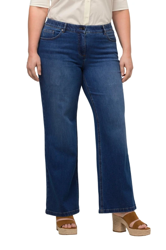 Ulla Popken Women's Marlenejeans Mary, Wide Leg, Comfort Waistband, Organic Cotton Jeans, Dark Blue Denim, 38W / 30L