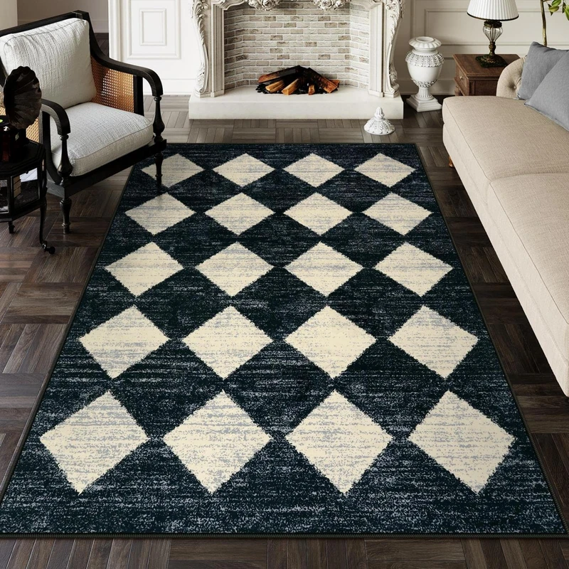 Lahome Machine Washable Area Rug 6x9, Soft Large Bedroom Rug Non Slip Living Room Rugs Dining Room Rugs for Under Table, Moroccan Trellis Printed Black and White Indoor Carpet for Den Dorm Playroom