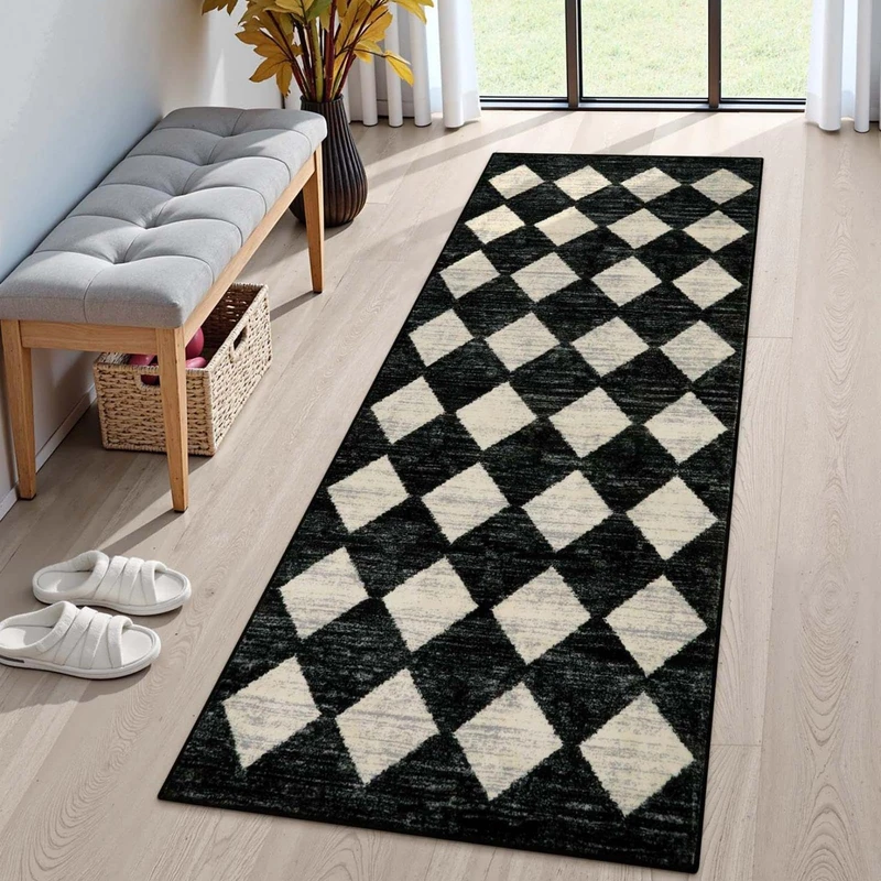 Lahome Washable Black and White Kitchen Runner Rug, 2x5 Soft Non Slip Laundry Room Rug Bathroom Runner Rugs with Rubber Backing, Moroccan Trellis Kid Pet Friendly Carpet Runner for Entryway Bedside