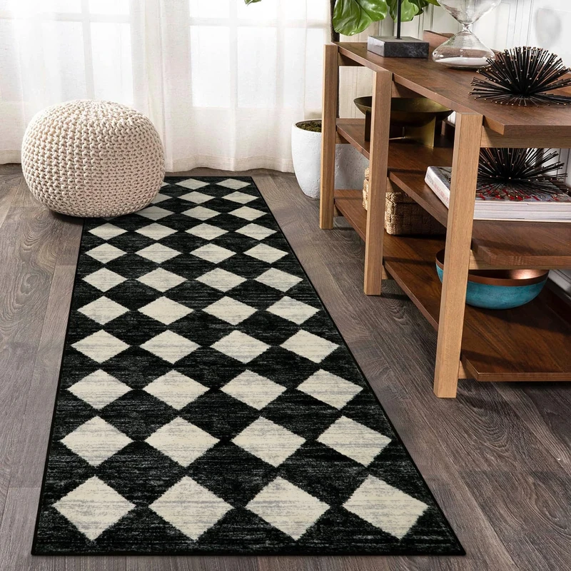 Lahome Washable Kitchen Runner Rug, 2x7 Black and White Hallway Runner Rugs with Rubber Backing Bathroom Runners, Moroccan Trellis Soft Non Slip Stain Resistance Carpet Runner for Entryway Bedside