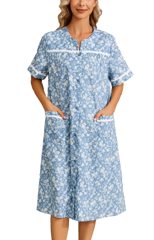 YOZLY House Dress Womens Embroidered Housecoat Short Sleeve Duster Robe with Front Pockets, Flower Blue, Medium - Image 1