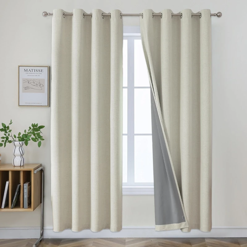 Joydeco Light Beige 90 Inch Blackout Curtains, Blackout Curtains 90 Inches Long for Living Room Bedroom, Thermal Insulated Linen Blackout Curtains with Grommets(42x90 inch, Light Beige)