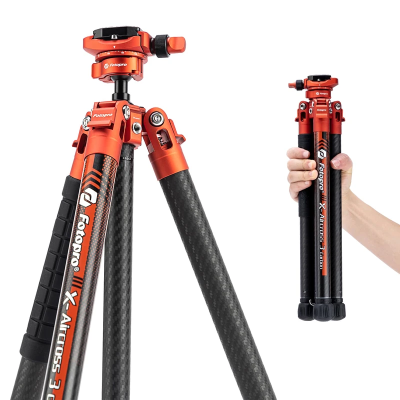 Fotopro X-Aircross 3 Lite 62 Inch Lightweight Travel Camera Tripod with Panoramic Ball Head 1.78lbs Ultra Light Portable Professional Travel Carbon Fiber Tripod for Camera DSLR Load up to 22lbs Orange