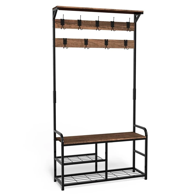 VOUNOT Coat Rack 4 in 1 with Shoe Bench 3-Tier Storage, 9 Removable Hooks Top Shelf Entryway Hallway Furniture Robust Steel Frame 185x85x33cm