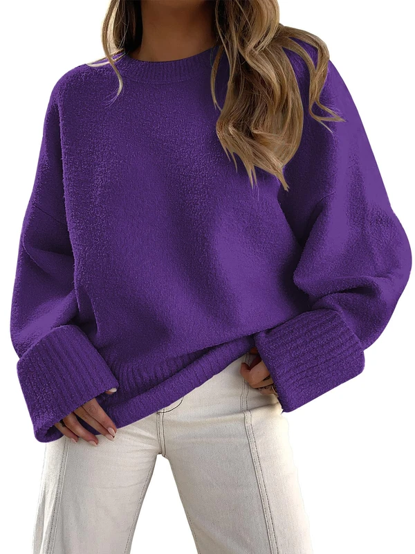 LILLUSORY Women's Oversized Sweaters Fuzzy Chunky Warm Pullover Sweater, Purple, M