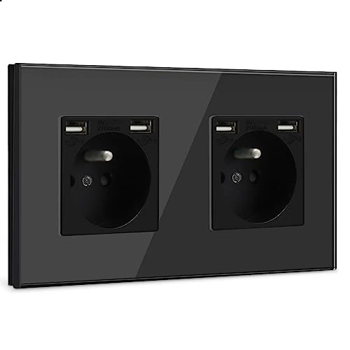BSEED Double Wall Socket with 2 USB Ports, 16A AC Power Socket with Glass Panel, Max 2.1A Wall Socket, Suitable for Smartphone, Tablet (2 Sockets with 2 USB Ports, Black)
