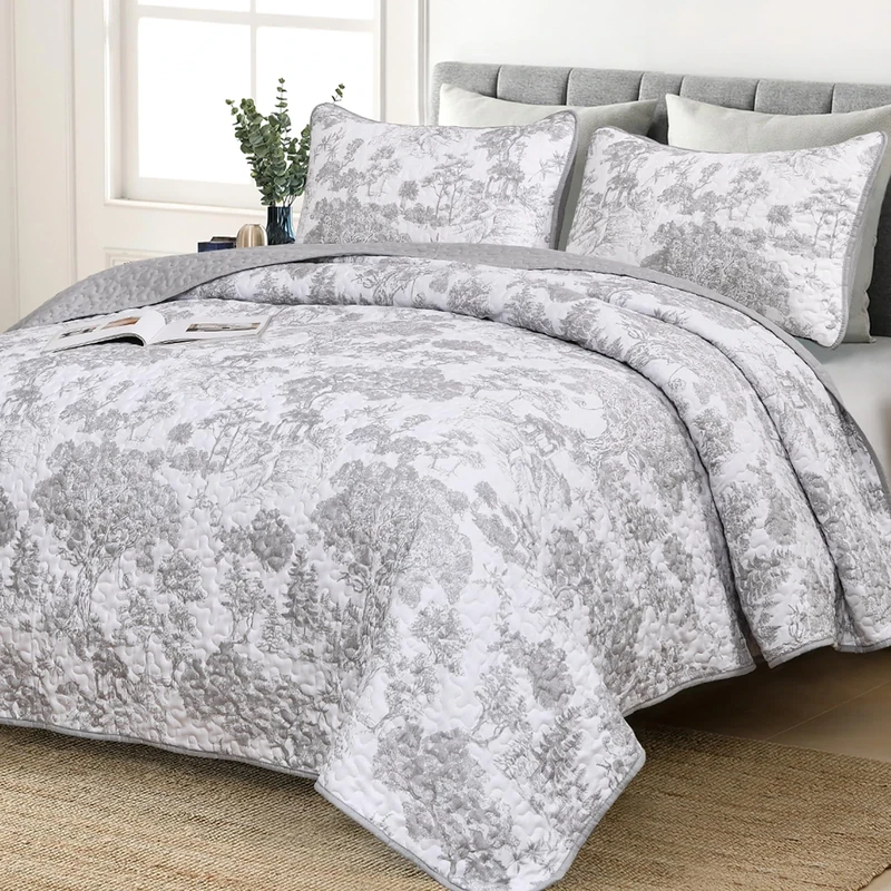 WONGS BEDDING Grey Quilt Set King Size, 3 Pieces Botanical Bedspreads Set Lightweight Microfiber Grey Plants Pattern Coverlet Home Decor for All Seasons(104"×90")