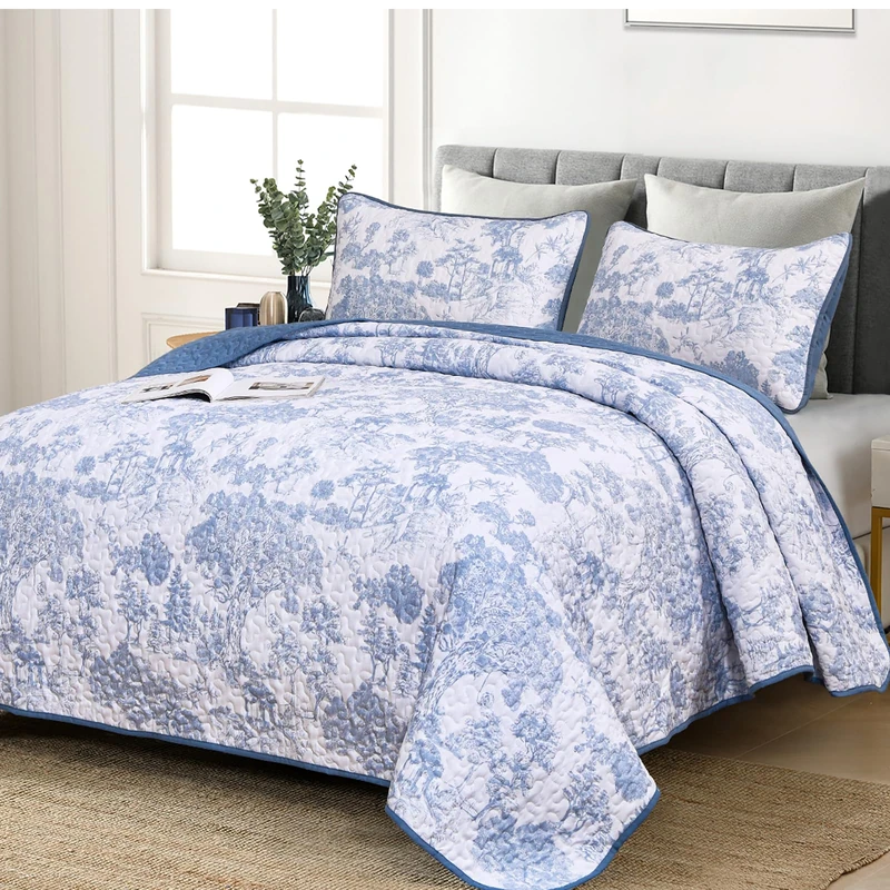 WONGS BEDDING Blue Quilt Set Queen Size, 3 Pieces Botanical Bedspreads Set Lightweight Microfiber Blue Toile Plants Pattern Coverlet Home Decor for All Seasons(96"×90")